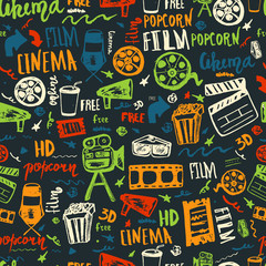 Cinema hand drawn seamless pattern with lettering on dark. Movie making film symbols collection. Cinematography design items: camera, film tape, popcorn, chair, stars.