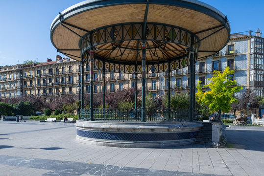 Bandstand at the public square Plaza Easo. The picturesque pavilion, Spanish, Kiosko de la Plaza de Easo, is in inner city and close to the Amara train station in Donostia San Sebastian