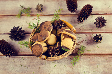 Cookies mushrooms with chocolate icing