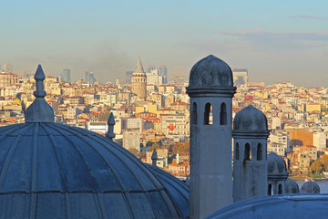 Fototapeta na wymiar Galata Tower view from Suleymaniye Mosque in Istanbul, Turkey.