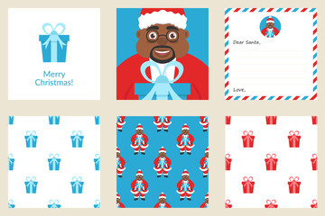 Merry Christmas and New year. Set greeting card. Includes holiday seamless patterns. Cute african american Santa with gift. Flat design.