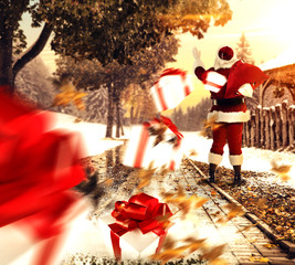 santa claus on street and gifts 