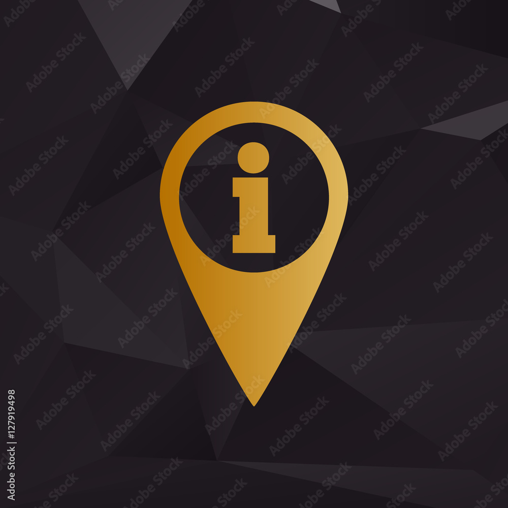 Aufkleber map pointer with information sign. golden style on background with polygons.