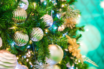 Closeup of Christmas tree decorations background