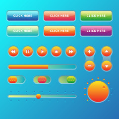 Web UI UX Music Elements Design set: Buttons, Switchers, Slider, loader on blue background. Audio bar interface. Player buttons. Ui Ux music interface. Cicrle style buttons. Music controls