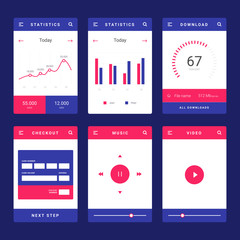 UI, UX and GUI template layout for Mobile Apps. Statistic dashboard, calculator and weather widget, bank card payment for e-commerce. Daily calendar. Blue and orange color ux app. User interface