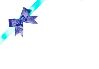 Top view of blue ribbon on gift box isolated on white background