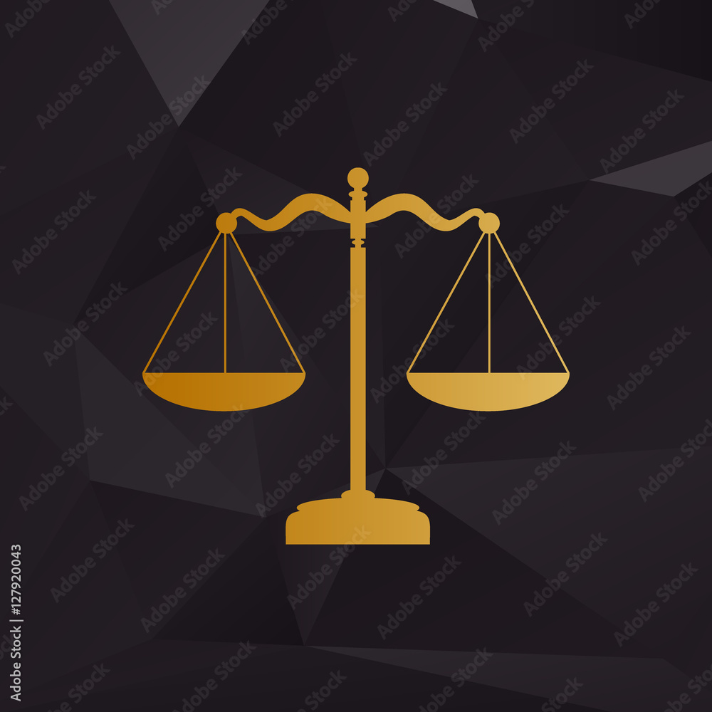 Poster scales balance sign. golden style on background with polygons.