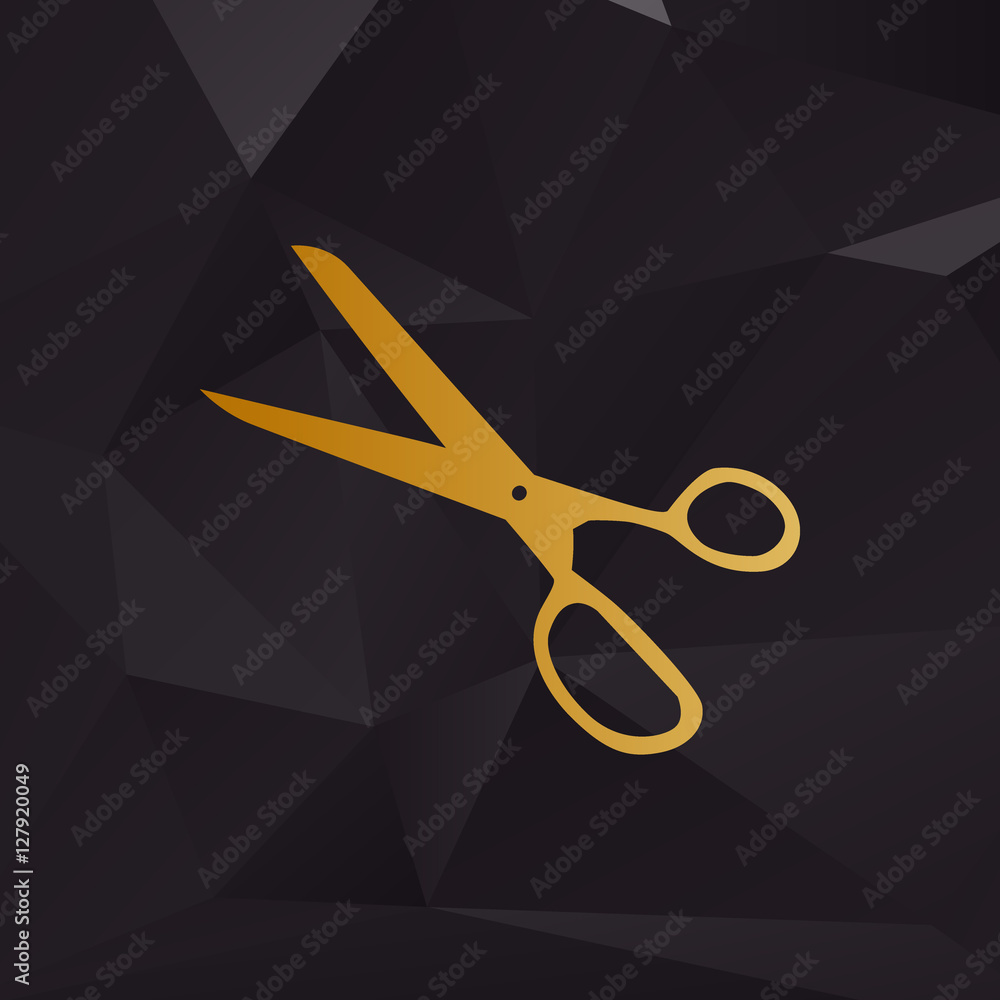 Poster scissors sign illustration. golden style on background with polygons.