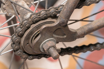 RUSTY CHAIN-WHEEL OF OLD BICYCLE

