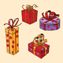 set of holiday Christmas boxes with gifts