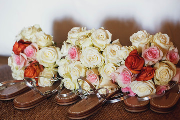 three beautiful and delicate wedding bouquets with rose