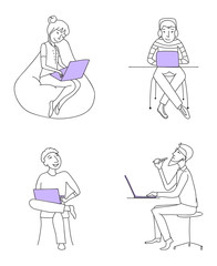 Business people working on laptops vector set