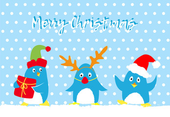 Merry christmas vector card with cute penguins