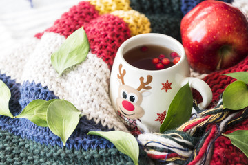 white cup with warming tea and berries on woolen shawl with knitted scarf during cold winter day	