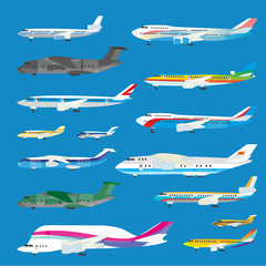 Different airplane aircraft set. Personal airplane, cargo.