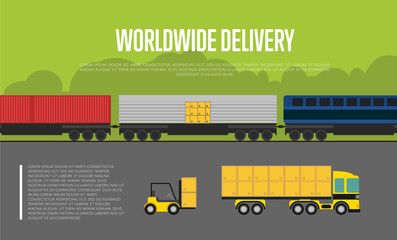 Worldwide delivery banner isolated vector illustration. Forklift loading boxes in container truck, cargo train on railway. Global commercial transportation company and worldwide delivery business