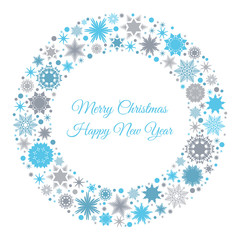 Merry Christmas and Happy New Year card with  snowflakes.