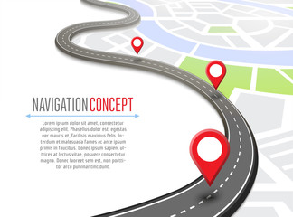 Navigation concept with pin pointer vector illustration. Cartography mapping, ui pinning, discovery, geotag, tourism geolocation. GPS navigation system banner. Location pin on perspective city map.