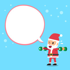 Cartoon santa claus doing dumbbell lateral raise exercise training with white speech bubble