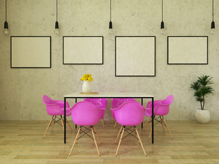 Dining table with pink chairs