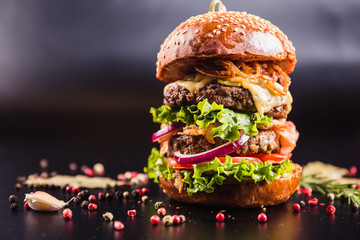 Juicy delicious burger with spices on a black background