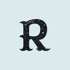 R letter logo. Vintage slab serif type with grunge texture.