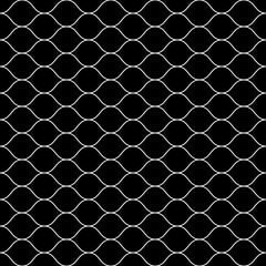 Fototapeta premium Vector monochrome seamless pattern, white thin wavy lines on black backdrop. Illustration of mesh, fishnet. Subtle dark background, simple repeat texture. Design for prints, decoration, digital, web