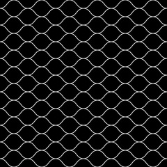 Vector monochrome seamless pattern, white thin wavy lines on black backdrop. Illustration of mesh, fishnet. Subtle dark background, simple repeat texture. Design for prints, decoration, digital, web