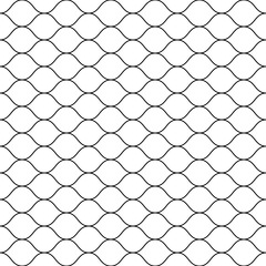 Fototapeta premium Vector seamless pattern, black thin wavy lines on white backdrop. Illustration of mesh, fishnet, fish scales. Subtle monochrome background, simple repeat texture. Design for prints, decoration, web