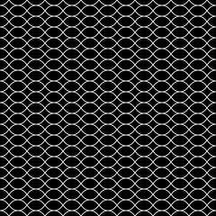 Vector seamless pattern, white thin wavy lines on black backdrop. Illustration of mesh, fishnet, lattice. Subtle monochrome background, simple repeat texture. Design for prints, decoration, digital