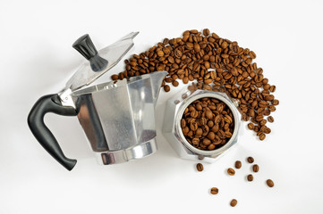 Moka coffee pot with beans