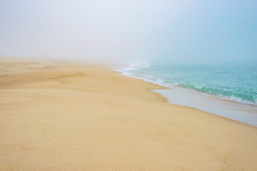 Fototapeta na wymiar Sandy beach coast in fog, sea wave foam ocean romantic mist