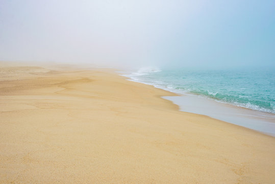 Sandy Beach Coast In Fog, Sea Wave Foam Ocean Romantic Mist