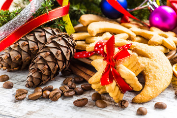 Christmas cookies with ginger decorated with red ribbon