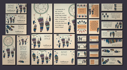 Boho design brochure and business card templates with dreamcatcher, arrow, feather tribal ethnic elements. Vector illustration.