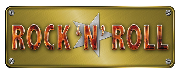 Fototapeta premium Yellow Fire style 3D Chrome/metallic 'ROCK N ROLL' text on a ban