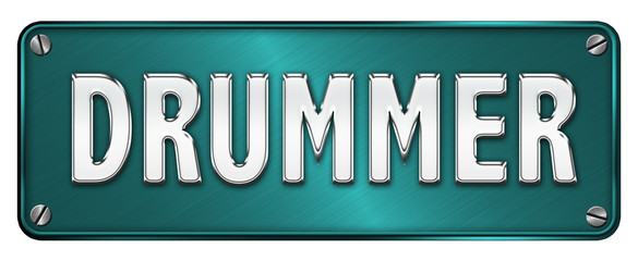Realistic Chrome/metallic 'DRUMMER' text on a banner or metal pl