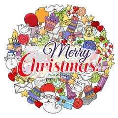 Merry christmas set of xmas colorful pattern and text templates. Ideal for holiday greeting cards, print, coloring book page or wrapping paper.