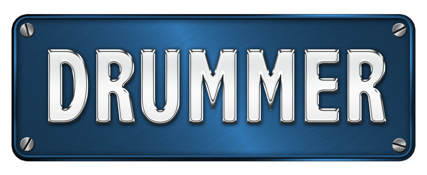 Medium Blue Realistic Chrome/metallic 'DRUMMER' text on a banner