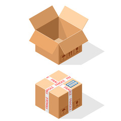 Cardboard boxes, opened and closed with tape.