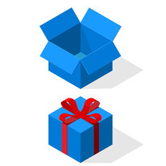 Open and closed gift box. Ribbon and bow.