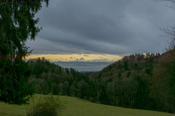 Obraz premium Natur mit Aussicht auf Berge bei Sonne im Wald 