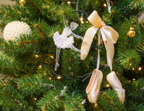 Christmas tree with decorations - with doll-ballerina and ballet slippers