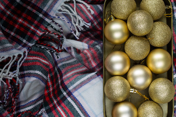 Christmas decoration on warm clothes. Design for your New Year`s card