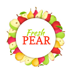 Round colored frame composed of different pear fruit. Vector card illustration. Circle pear frame. Yellow, red and green pears fresh fruits appetizing looking for packaging design of healthy food