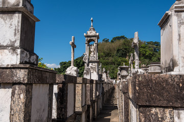 Graves, statues, tombs, and memorial monuments in Saint John the Baptist cemetery in Rio de Janeiro city