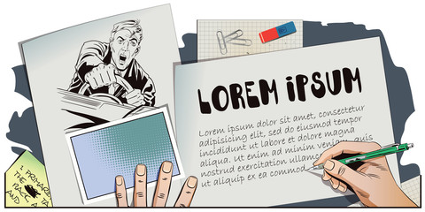 Scared man driving a car. Hand paints picture.