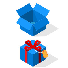 Open and closed gift box. Ribbon, label and bow.