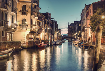 Obraz na płótnie Canvas Typical small Venetian Canal Rio de San Vio at evening, Venice (Venezia), Italy, Europe, Vintage filtered style